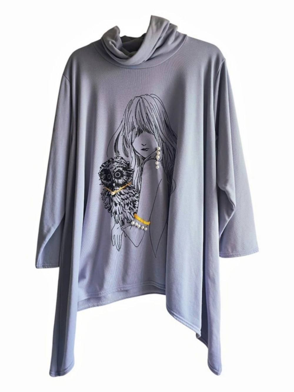 SCOLAR Light Greyish Blue Cowl Neck Asymmetrical Tunic With Faux Pearl Accent